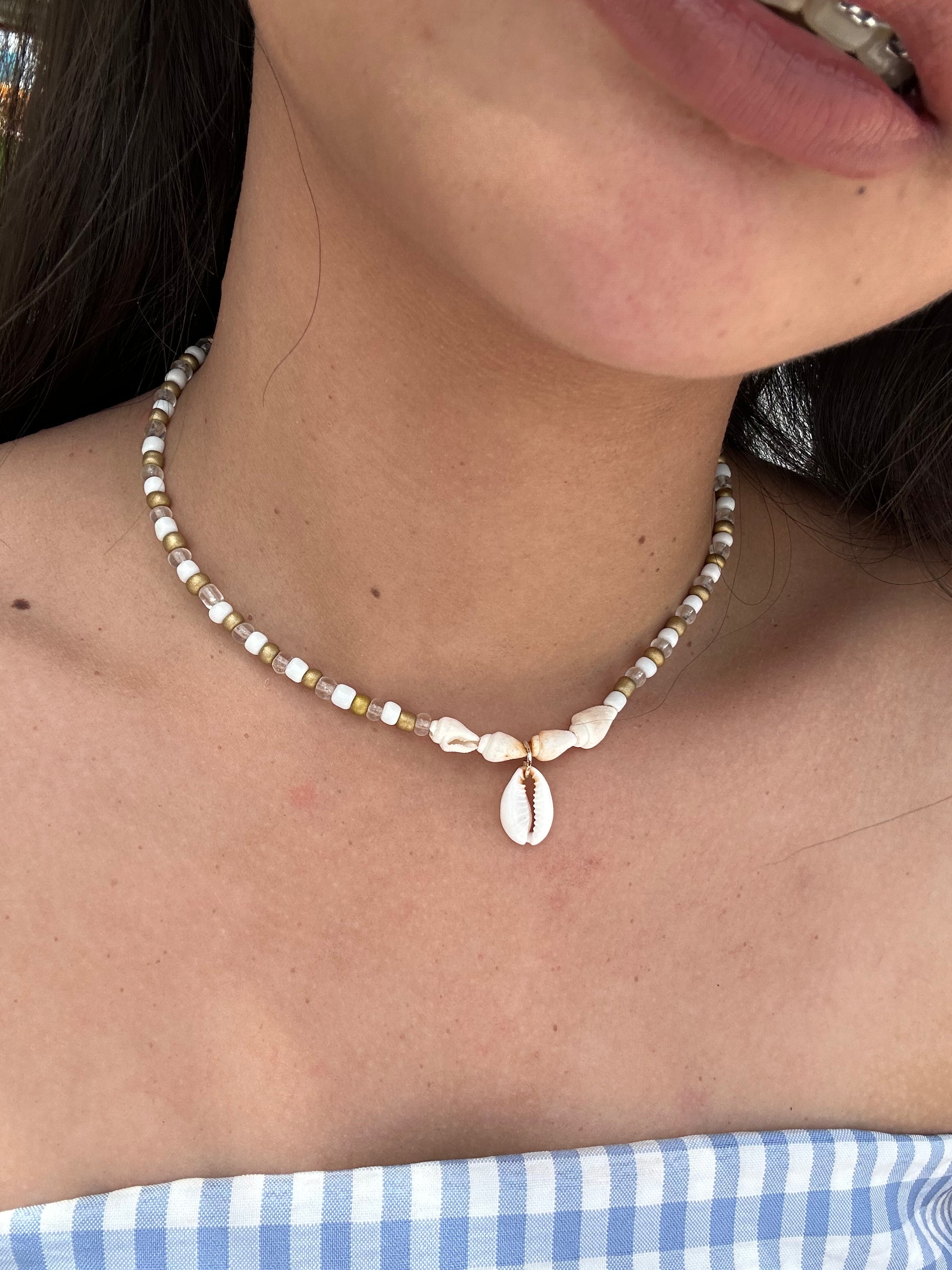 Cowrie Gold and Glass Necklace Beach and Boho Jewelry