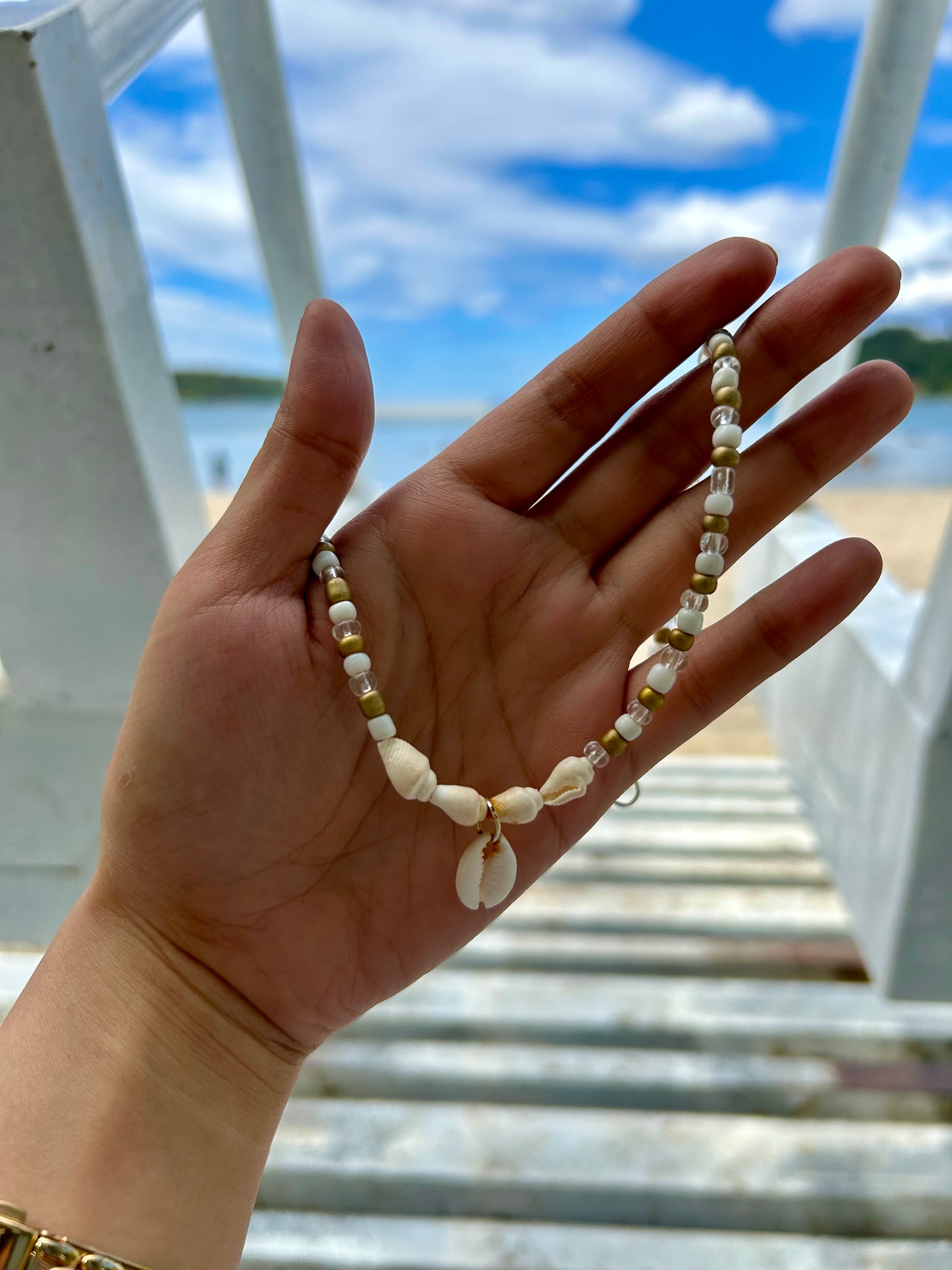 Cowrie Gold and Glass Necklace Beach and Boho Jewelry