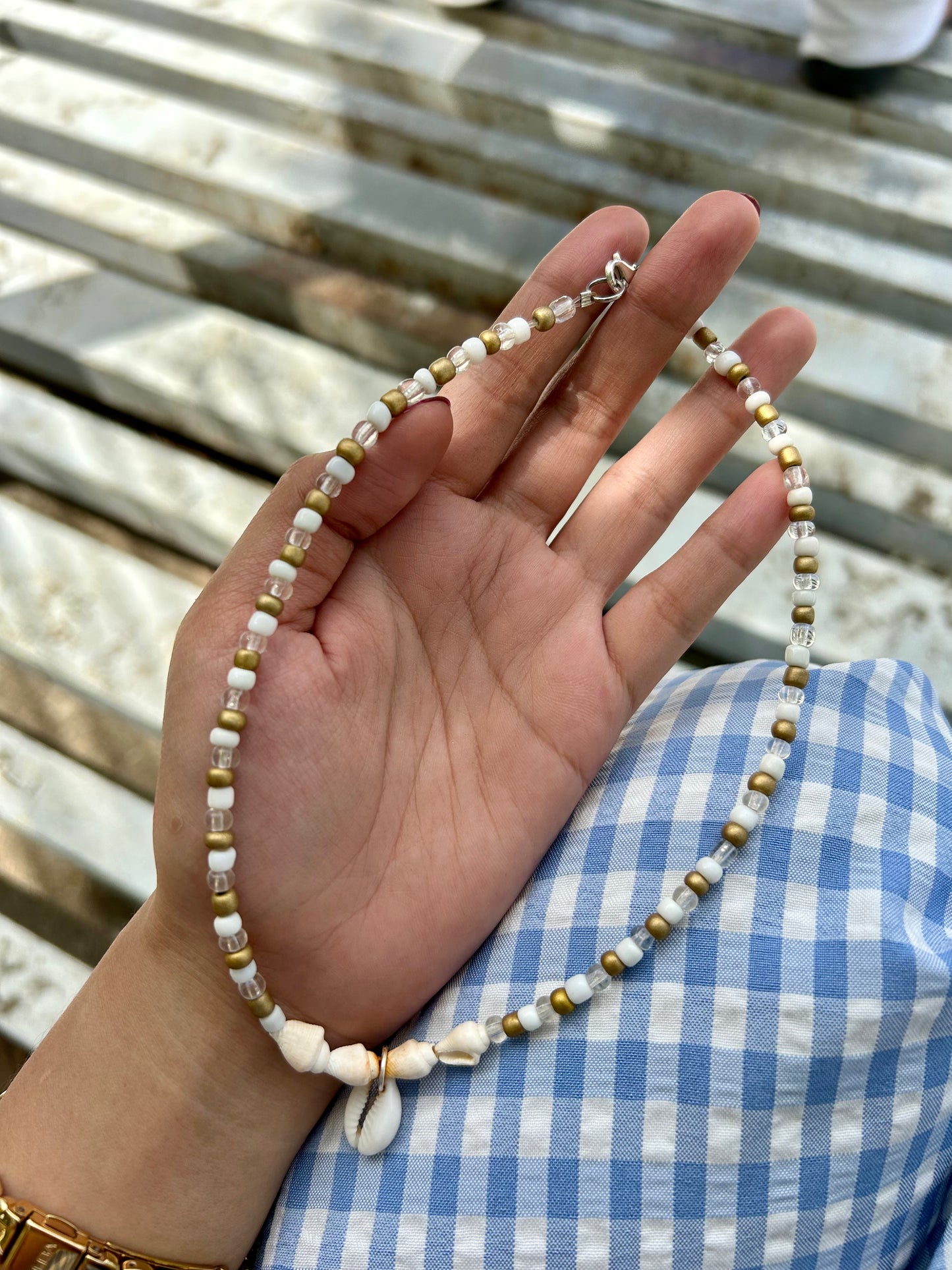 Cowrie Gold and Glass Necklace Beach and Boho Jewelry