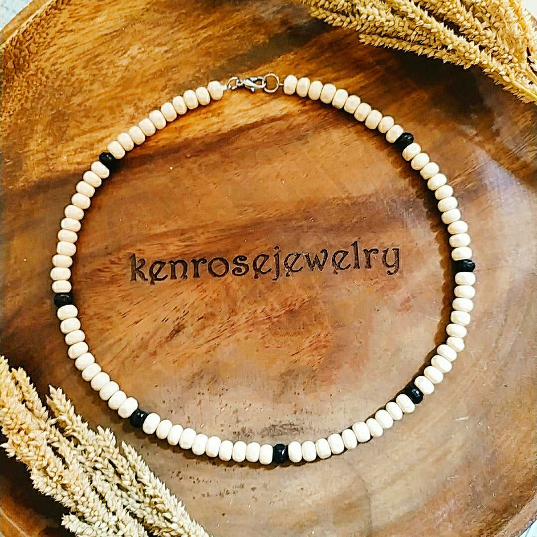 WHITE RONDELLE Wood Necklace - Surfer Summer Jewelry for Men & Women