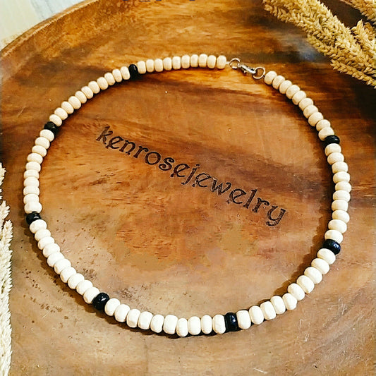 WHITE RONDELLE Wood Necklace - Surfer Summer Jewelry for Men & Women